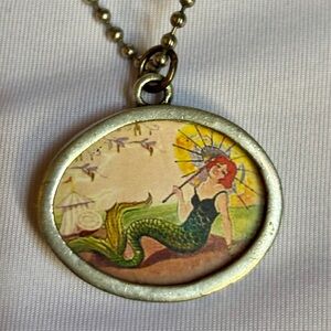 Vintage-Inspired Silver Tone Pendant Necklace with Illustrated Locket mermaid